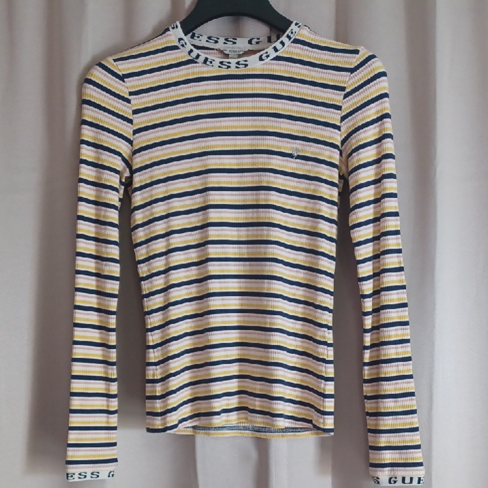 Guess Y2K Baby Tee Long Sleeve Logo Taping, Horizontal Stripes, Ribbed, Stretch